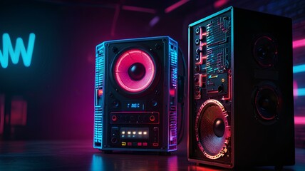 Fototapeta premium Music party poster template in neon colors. Music speaker with RGB backlight.