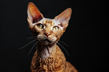 Obraz premium Mystic portrait of Cornish Rex Cat, copy space on right side, Headshot, Close-up View isolated on black background