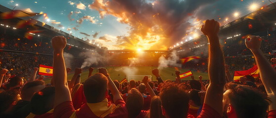Spain EURO football supporter on stadium. Spain fans cheer on soccer pitch watching winning team play. Group of supporters with flag and national jersey cheering for Spain. Championship victory