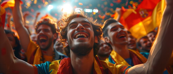 Spain EURO football supporter on stadium. Spain fans cheer on soccer pitch watching winning team...