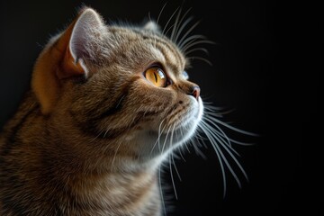 Mystic portrait of Scottish Fold cat, copy space on right side, Headshot, Close-up View isolated on black background