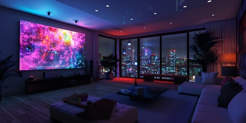 "Futuristic Living Room with City View"
"Modern Apartment with Neon Wall Art"
