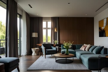 Fototapeta premium Stylish home living room interior with relaxing and dining space, window.