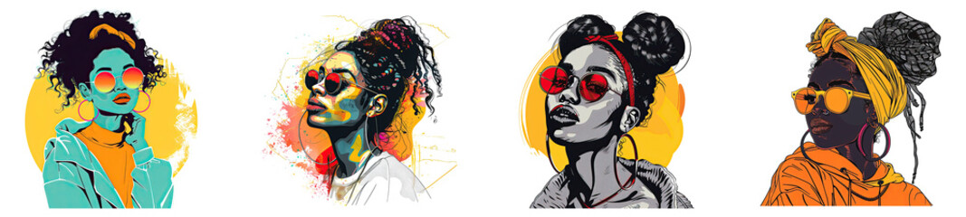 Fototapeta premium Set of hipster black woman face abstract sketch design colorful minimal shapes and lines paint brush stroke, Concept for a fashion print, poster or t-shirt graphic, isolated on white background, png