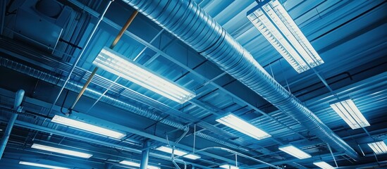 Industrial Ceiling with Exposed Ventilation Ducts and Fluorescent Lights