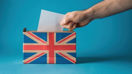 A person is putting a white piece of paper into a box that has a British flag on