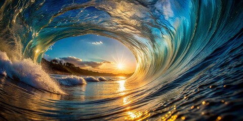 Submerged View: Powerful Wave Curling Over in Deep Blue Waters, Sunlight Spotlighting Nature's Majesty