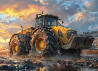 Fototapeta premium Powerful Yellow Tractor Driving Through Mud