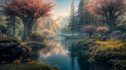 Landscape with a river and a bridge in a blooming botanical garden