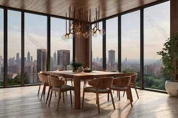 Fototapeta premium Modern dining room with large empty wall on the left, wooden furniture, and wide windows overlooking a cityscape, concept of interior design. 3D Rendering.