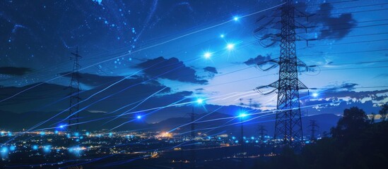 Electric Power Lines Under a Starry Night