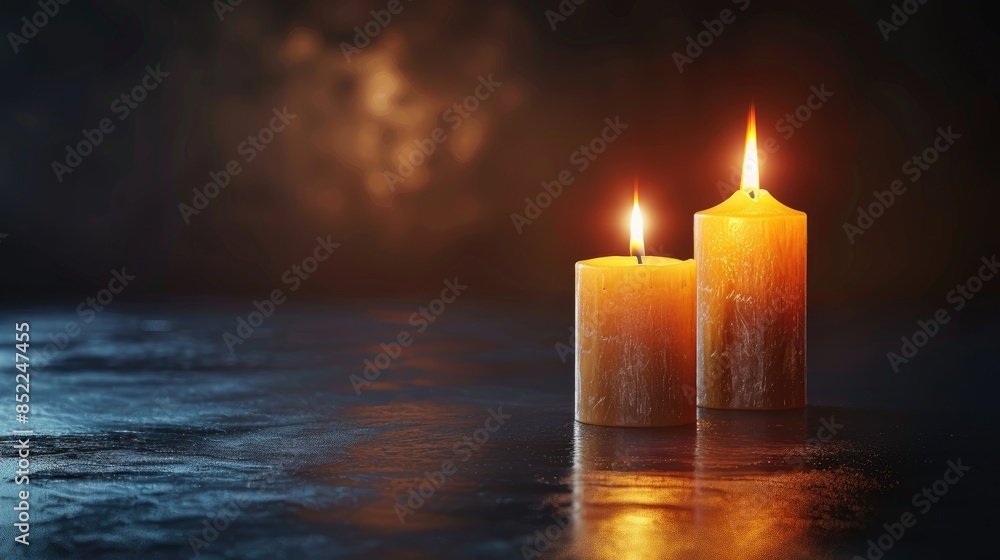 Poster two illuminated candles on a dark background with space for copy