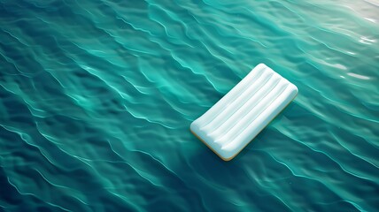 Aerial view of a white inflatable air mattress floating on clear turquoise water, providing a serene and relaxing summer vibe.