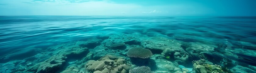 Fototapeta premium Beautiful underwater coral reef in clear blue ocean water with bright sunlight. Vibrant marine life and stunning seascape panorama.