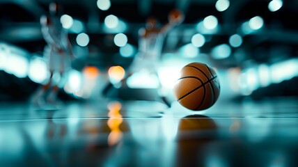 Dynamic basketball on court with players in the background, highlighting the sport's energy and focus on the game.