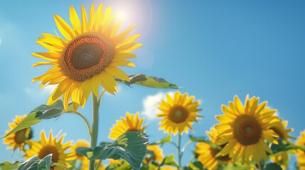 Obraz premium 太陽と満開のひまわりの花