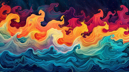 Abstract Ocean Waves, A captivating psychedelic background depicting abstract ocean waves with vibrant colors 
