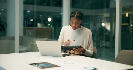 Boardroom, project management and technology with business black woman in office at night for research. Administration, laptop and tablet with professional employee in creative workplace for design