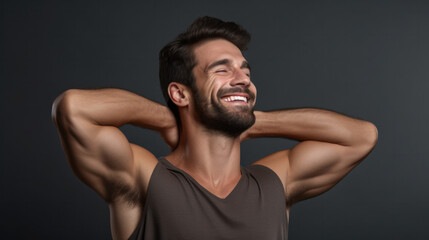 Fototapeta premium Young handsome muscular man bodybuilder posing in the studio on a white background