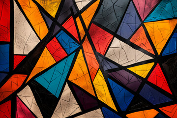 Sharp colorful lines weave together and apart in abstract geometric pattern.