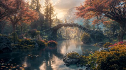 Landscape with a river and a bridge in a blooming mystical botanical garden