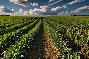 Fototapeta premium Lush green cornfield under a serene blue sky with scattered clouds. 