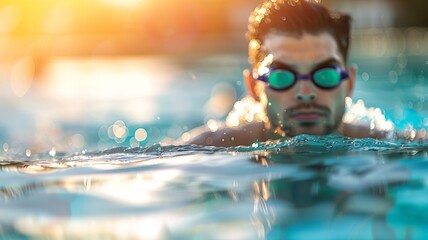 Male swimmer wearing goggles swimming in an outdoor pool, captured mid-stroke with sunlight reflecting on the water surface.