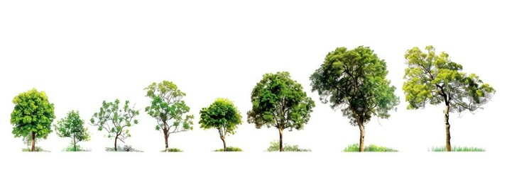 A line of trees with a white background. The trees are all black and are lined up in a row
