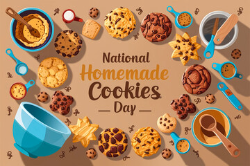 Cookies with Baking Tools on a Light Brown Background