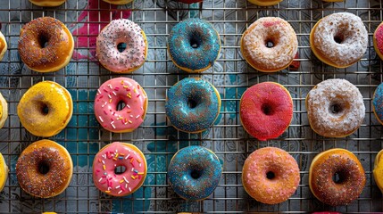 A bird s eye view of a vibrant array of donuts displayed on a cooling rack