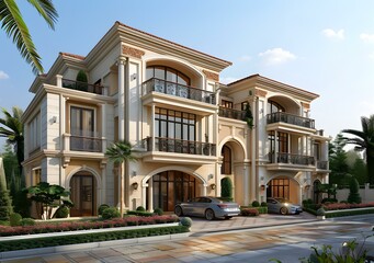 Luxury Modern House With Palm Trees And Cars