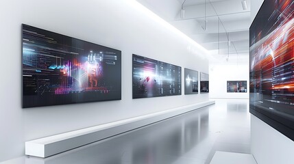 A series of futuristic digital art pieces displayed on sleek, frameless screens along a clean white gallery wall, each depicting abstract interpretations of digital data.