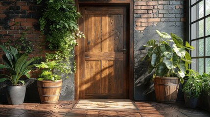 Wooden door stands as a warm welcome, flanked by the greenery of a potted plant