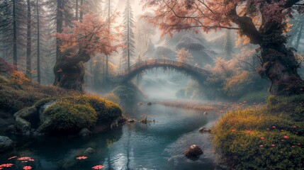 Landscape with river and bridge in a magical mystical botanical garden