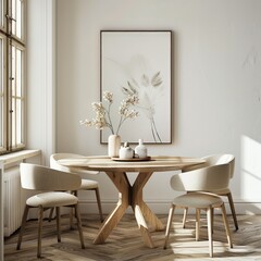 A white and tan room with a table and four chairs