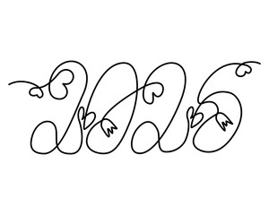 2026 continuous hand lettering and decorative flowers hearts in minimalist style. Greetings concept