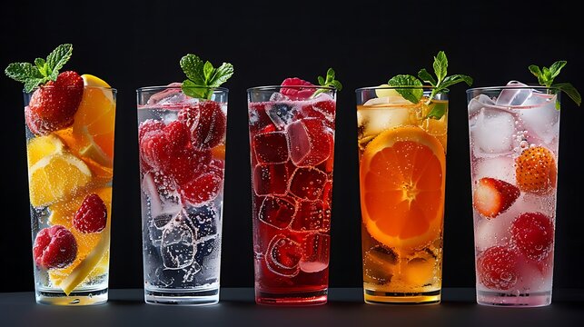 A creative advertising banner featuring five colorful and visually appealing soft drinks in transparent plastic cups, arranged neatly on the left side of an isolated black background. Each cup
