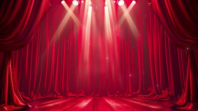 Magic theater stage curtains Show Spotlight, Empty concert stage with illuminated spotlights. Empty Elegant Classical Theater with Curtains. The brightly lit Opera House is Ready to Receive Audiences.