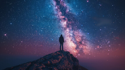 Milky Way arch and man on the mountain peak at starry night. Silhouette of alone guy, blue sky with bright stars in summer. Galaxy. Space background. Landscape with arched milky way. Travel and nature