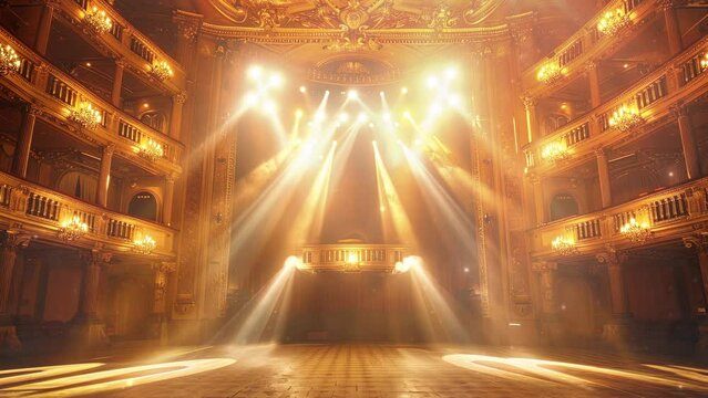 Magic theater stage curtains Show Spotlight, Empty concert stage with illuminated spotlights. Empty Elegant Classical Theater with Curtains. The brightly lit Opera House is Ready to Receive Audiences.