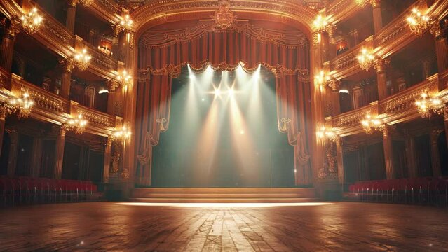 Magic theater stage curtains Show Spotlight, Empty concert stage with illuminated spotlights. Empty Elegant Classical Theater with Curtains. The brightly lit Opera House is Ready to Receive Audiences.