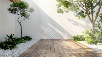 minimalist home terrace with white wall wooden floor and garden