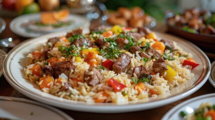 Classic meal of rice vegetables and meat pilaf