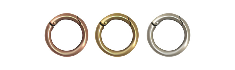 Haberdashery accessories. Round metal snap hooks for women bag. Vector image isolated on white background.