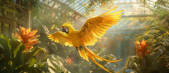 A beautiful yellow parrot with spread wings flying in an indoor glasshouse