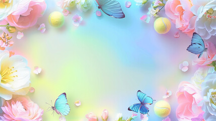 テニスボールと可愛い花と綺麗なアゲハ蝶、コピー スペースのある虹色のバナーの背景,Generative AI。Tennis ball with pretty flowers and beautiful swallowtail butterfly, copy Rainbow banner background with space,Generative AI.