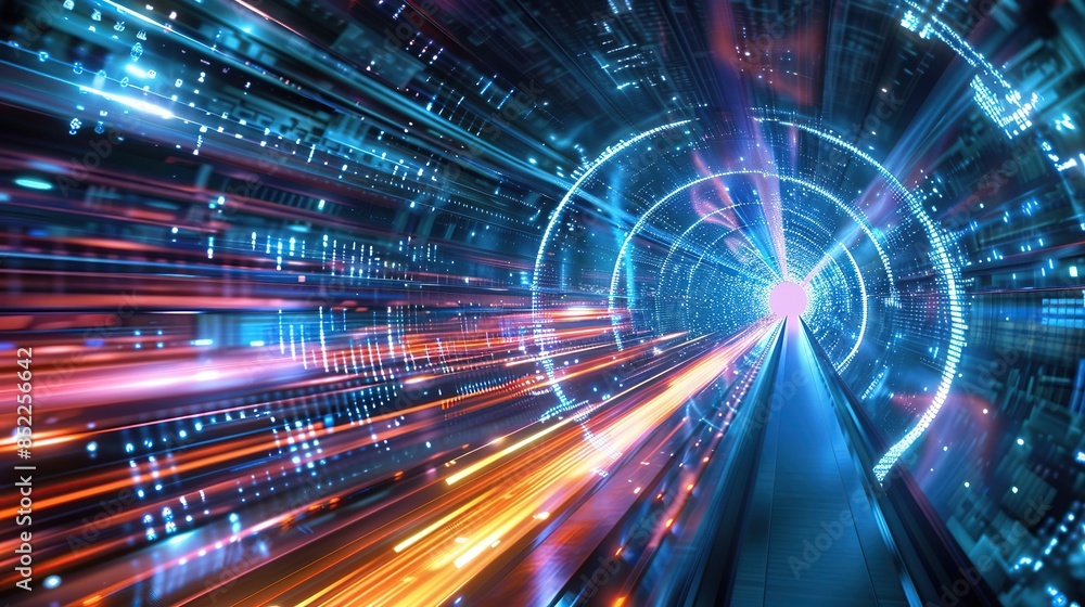 Poster quantum communication technology with virtual network connections and futuristic light waves