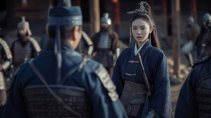 In ancient China, a young swordswoman in dark blue hanfu speaks to armored men surrounding her.