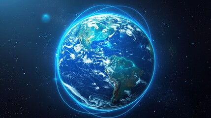Obraz premium Digital globe with orbit lines and futuristic virtual network connection for high tech satellite communication concept