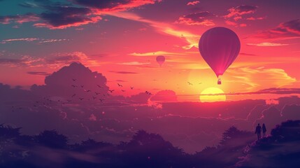 Fototapeta premium a romantic illustration of a couple enjoying a hot air balloon ride during sunset on Valentine's Day 